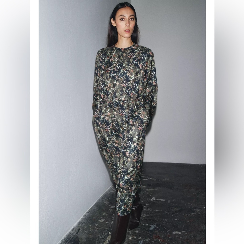 Zara Black Floral Midi Dress | Long Sleeve | Cinched Waist | Romantic Boho